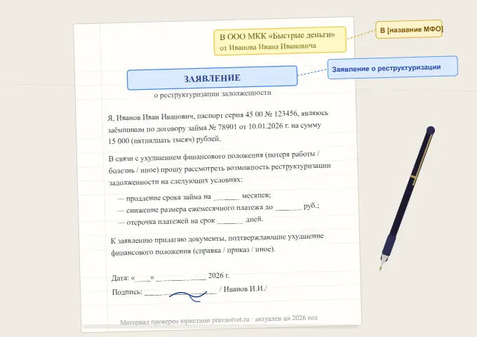 Образец заявления на реструктуризацию долга в МФО новые правила 2026 года