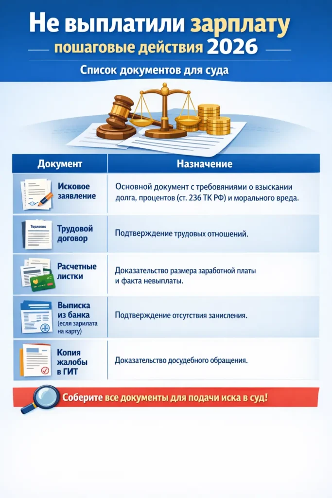 Не выплатили зарплату пошаговые действия 2026 — список документов для суда