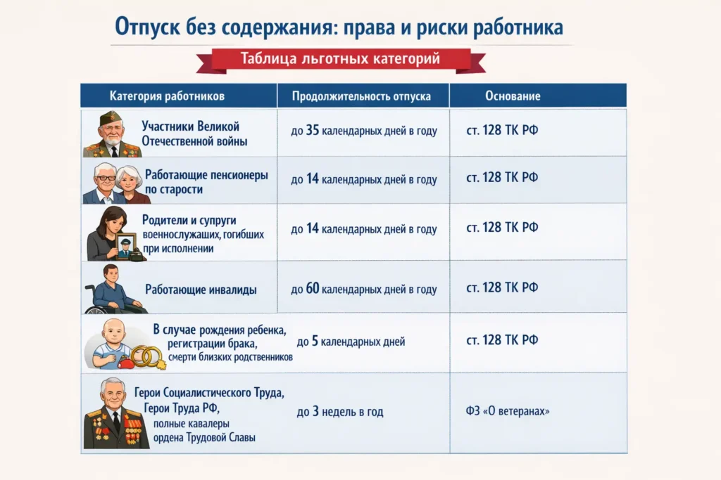 Отпуск без содержания права и риски работника — таблица льготных категорий