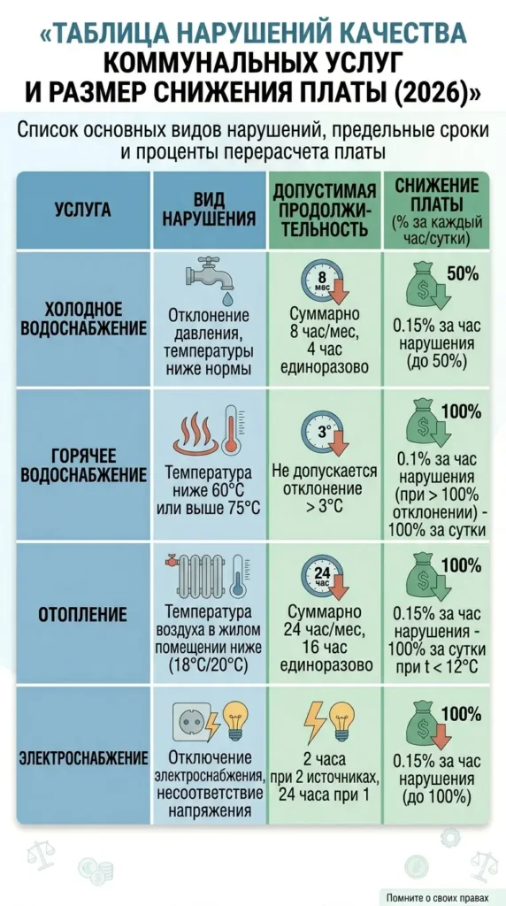 Перерасчёт за некачественные коммунальные услуги — таблица нарушений и снижения платы 2026