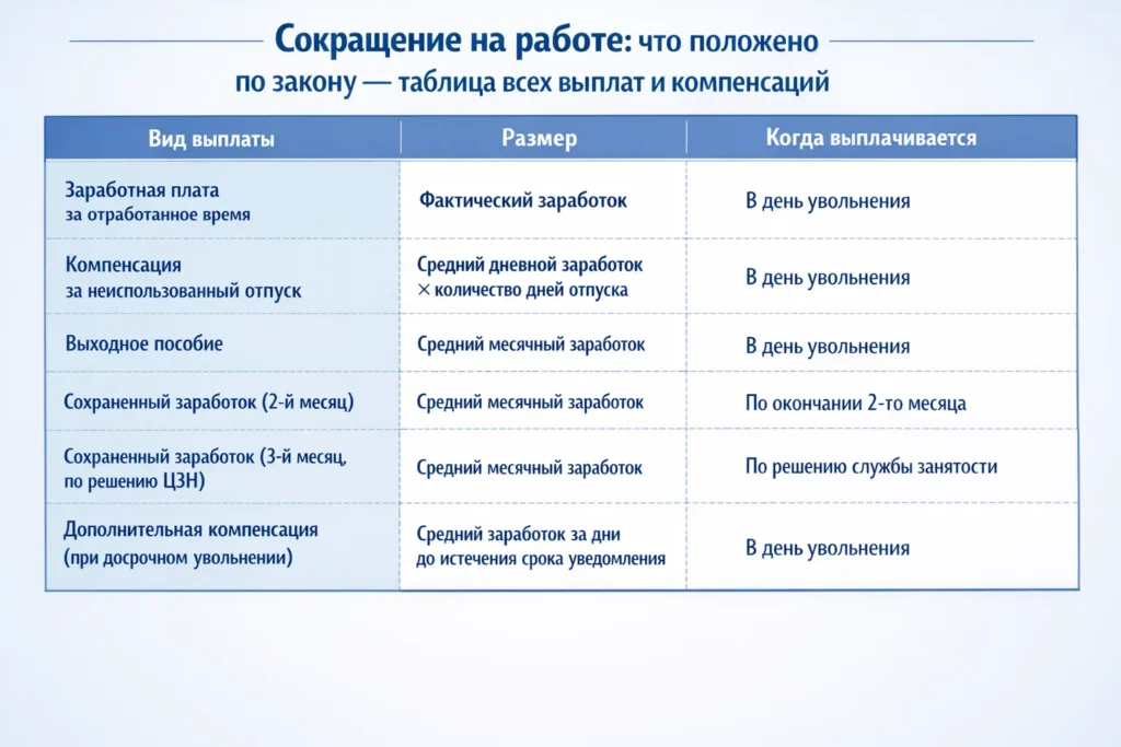 Сокращение на работе что положено по закону — таблица всех выплат и компенсаций