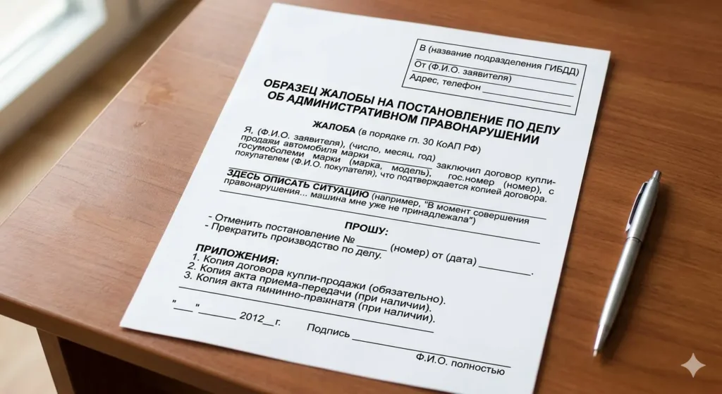 Образец: штраф пришёл на проданную машину жалоба