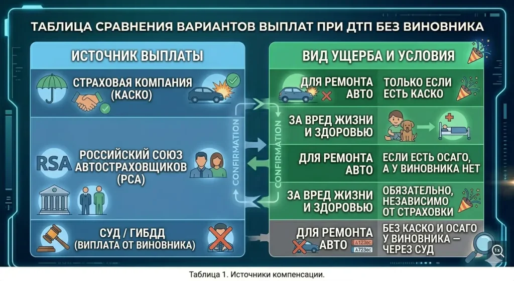 Таблица: варианты выплат при ДТП без виновника