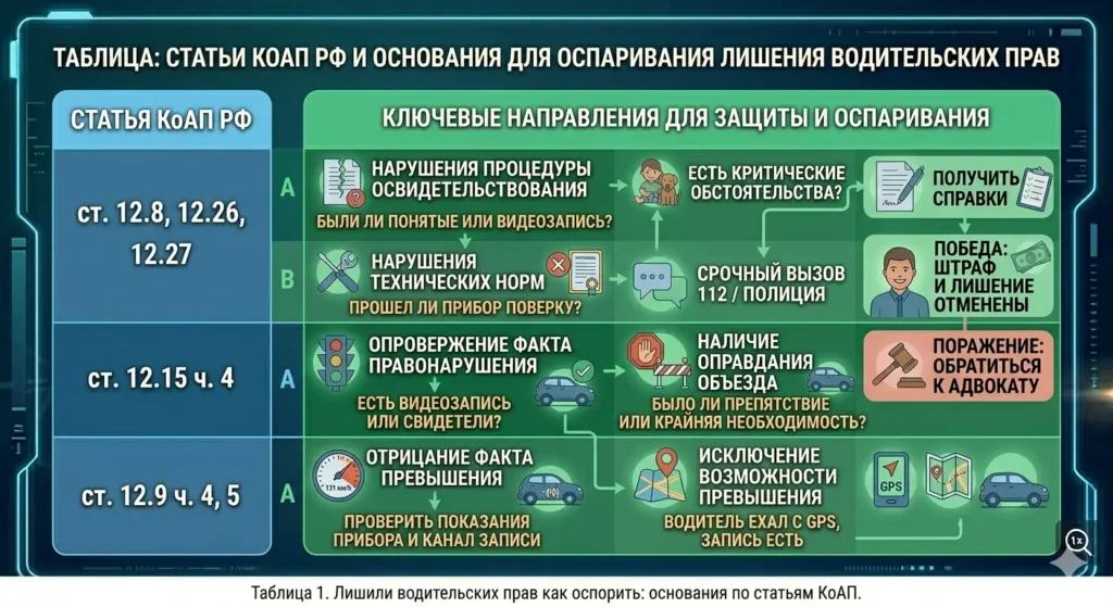 Таблица: лишили водительских прав как оспорить по статьям