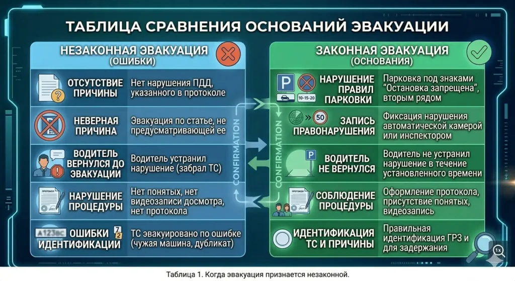 Таблица: незаконная эвакуация автомобиля основания