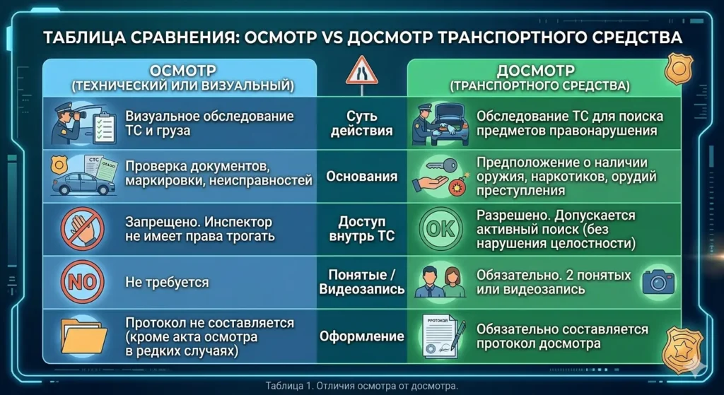 Таблица: права водителя при остановке ГИБДД осмотр и досмотр