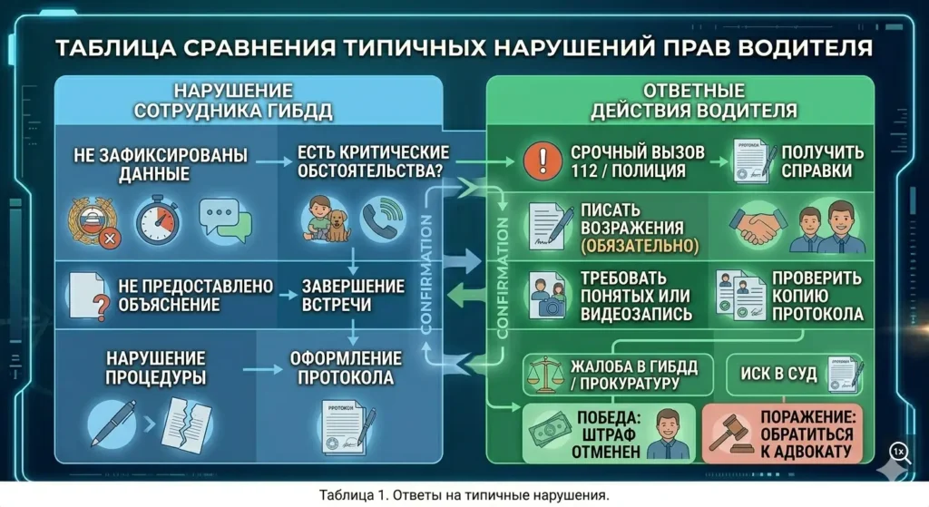 Таблица: сотрудник ГИБДД нарушает права что делать в разных ситуациях