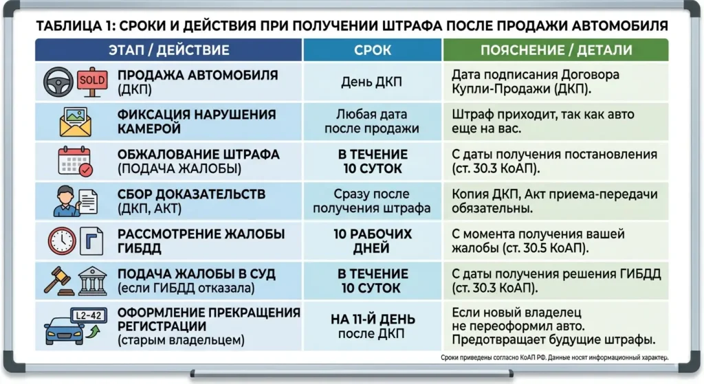 Таблица: штраф пришёл на проданную машину сроки